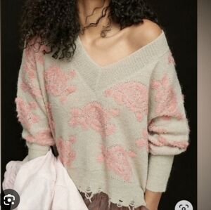 Anthropologie Lucila Floral Distressed Cropped Sweater XS